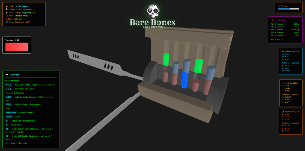 Screenshot of the interactive 3D lock picking simulator — Bare Bones Lock Picking