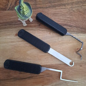 Bare Bones 3 piece casement window tool set with black ABS-like handles and stainless steel hooks